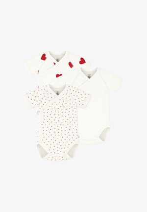 Kolm valget lühikeste varrukatega beebibodi; üks ühevärviline, üks väikeste punaste südametega ja üks suurte punaste südametega õlgadel.