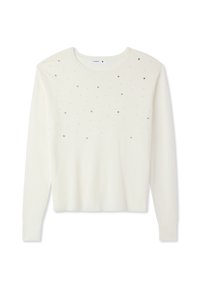 Maglione bianco a maglia con scollatura rotonda e maniche lunghe, decorato con piccole borchie metalliche disposte in un pattern sparso.