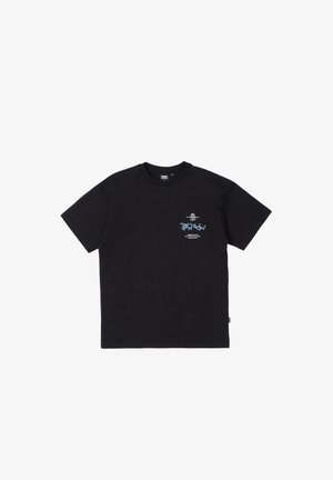 Black cotton t-shirt with short sleeves and crew neck. Features a blue graphic design on the left chest and a tag on the lower side.