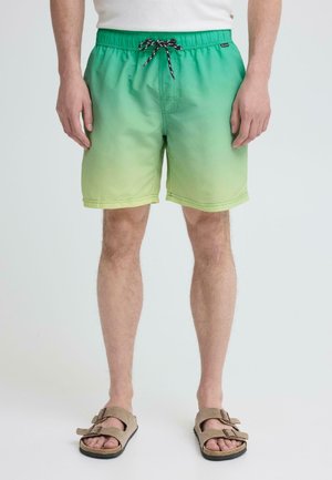 Man draagt groene zwemshorts met een verloop en een zwarte trekkoord, beige sandalen, staand tegen een effen lichte achtergrond.