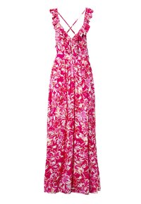 Blomstret maxikjole med volan på stropperne, fuchsia bund og livligt pink og hvidt blomster mønster. Har en samlet talje og flydende stof.