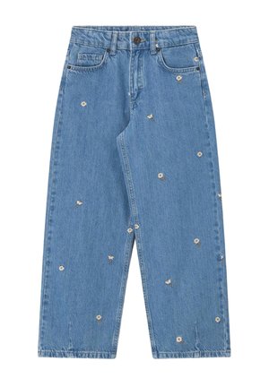 Jean en denim bleu clair avec une coupe droite, décoré de petits imprimés de marguerites blanches dispersés sur le tissu.