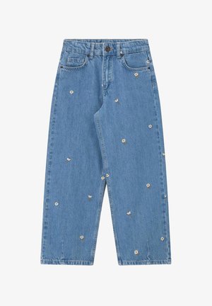 Jean en denim bleu clair avec une coupe droite, décoré de petits imprimés de marguerites blanches dispersés sur le tissu.