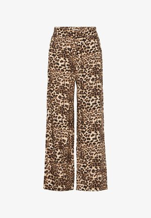 Weit geschnittene Hose im Leopardenmuster, aus leichtem Material, mit elastischem Bund und in Beige- und Brauntönen.