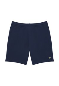 Pantaloni corti in cotone blu navy con vita elastica, dotati di un piccolo logo verde sul lato destro e tessuto liscio, senza decorazioni.