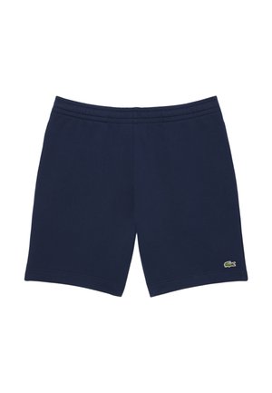 Navy blue cotton shorts with a stretchy waistband, featuring a small green logo on the lower right side and smooth, unembellished fabric.
