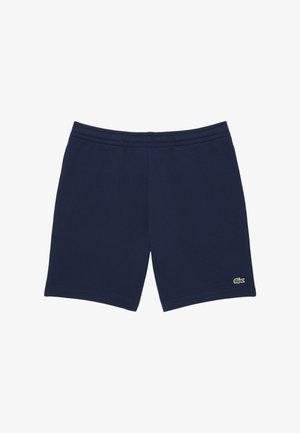 Pantalones cortos de algodón azul marino con una cinturilla elástica, que presentan un pequeño logo verde en la parte inferior derecha y tela suave, sin adornos.