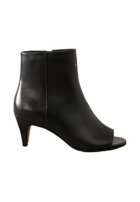 Must musta avatud varbaga ankle boots, millel on suleline siluett, kõrge konts ja sile viimistlus. Omab minimalistlikku disaini ja nähtavaid riistvara puudumist.