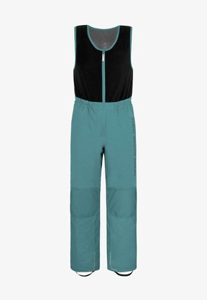 Türkise Outdoor-Sportoveralls mit einem schwarzen Reißverschlussoberteil, elastischem Bund, Fronttaschen, verstärkten Knieflecken und reflektierenden Akzenten.