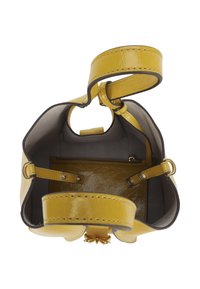 Strukturalna torebka z błyszczącym żółtym wykończeniem, wykonana ze skóry, z regulowanymi paskami i kieszonką na zamek wewnątrz.
