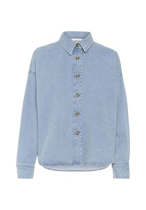 Camicia in denim azzurro chiaro con colletto a punta, maniche lunghe e chiusura frontale con bottoni metallici e vestibilità rilassata.