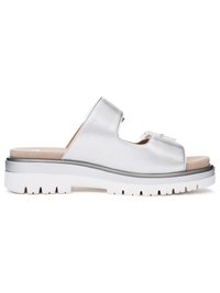 Silver open-toe slide sandal with two wide straps and a thick white sole with tread pattern for grip.