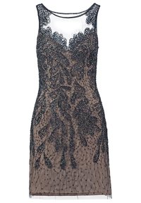 Beaded dress with a sheer bodice, embellished floral pattern in dark tones, and a fitted silhouette. Features a round neckline and sleeveless design.