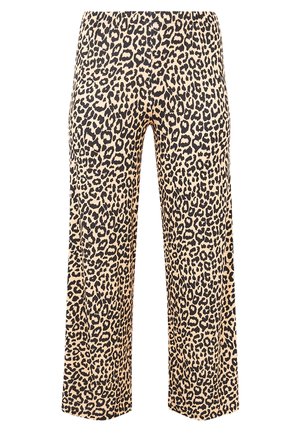 Hoogoplopende, wijde broek met een beige en zwart luipaardprintpatroon op een witte achtergrond.