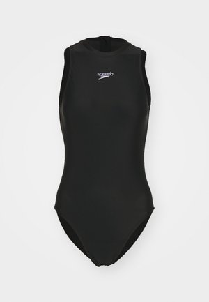 Traje de baño negro sin mangas con un escote alto, hecho de un material suave, que presenta un logo de Speedo blanco en el pecho.