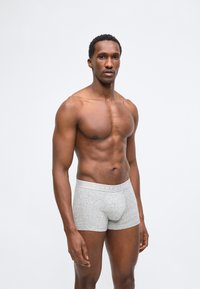 Homme musclé debout devant un fond uni, portant un boxer gris clair Tommy Hilfiger, regardant droit devant avec une expression neutre.