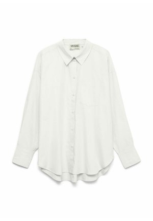 Wit overhemd met lange mouwen, knoopsluiting, een klassieke kraag, een afgeronde zoom en een borstzak; gemaakt van een glad, lichtgewicht stof.