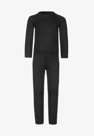 Black thermal set consisting of a long-sleeve top and leggings. Made from smooth fabric with fitted design and ribbed cuffs at the sleeves and ankles.