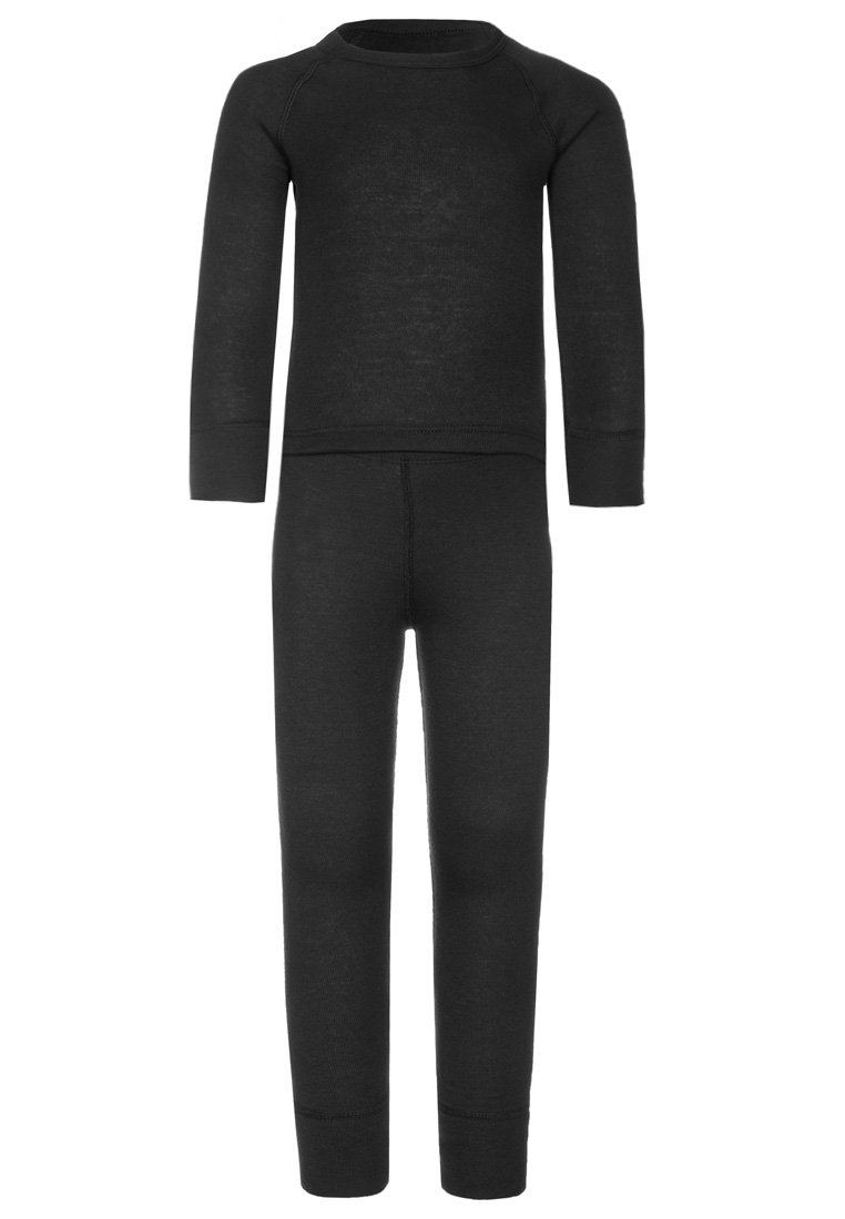 Schwarzes Thermokleidungsset, bestehend aus einem Langarmoberteil und Leggings. Hergestellt aus glattem Material mit enger Passform und gerippten Bündchen an den Ärmeln und Knöcheln.