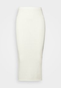 Žebrovaná midi sukně v barvě off-white, která má přiléhavý střih a hladký pas. Vyrobena z elastického pleteného materiálu.