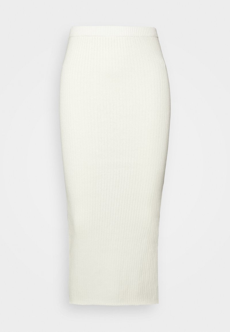 Žebrovaná midi sukně v barvě off-white, která má přiléhavý střih a hladký pas. Vyrobena z elastického pleteného materiálu.