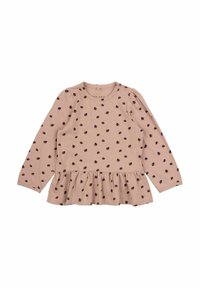 Rosa Langarmoberteil mit gerafftem Peplum-Saum, das kleine dunkle Punkte aufweist, aus weichem Baumwollstoff gefertigt. Mit rundem Ausschnitt.