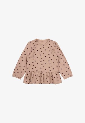 Růžový dlouhý rukáv top s nařaseným peplum lemem, zdobený malými tmavými tečkami, vyrobený z jemné bavlny. Obsahuje kulatý výstřih.