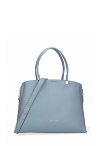 Sac à main en cuir bleu clair avec doubles anses, bandoulière amovible et détails de fermeture éclair dorés, marqué "pierre cardin" au centre devant.