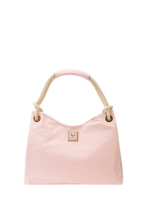 Zachte roze handtas met beige touwen handvatten en een vierkante metalen logoplaat met de tekst "1969 Italia" in het midden aan de voorkant.