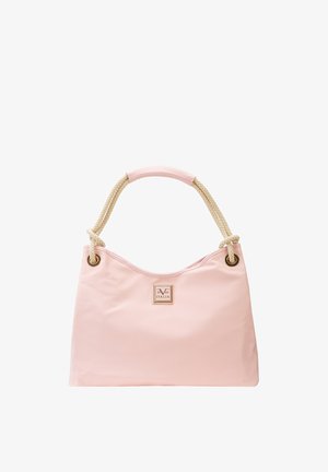 Sac à main rose pâle avec des anses en corde beige et une plaque métallique carrée avec le logo indiquant "1969 Italia" au centre avant.