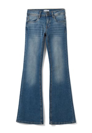 Blau ausgewaschene Denim-Jeans mit ausgestelltem Bein, vorderen Knöpfen, Gürtelschlaufen und Fünf-Taschen-Design.
