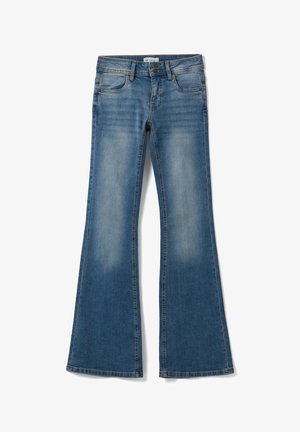 Blau ausgewaschene Denim-Jeans mit ausgestelltem Bein, vorderen Knöpfen, Gürtelschlaufen und Fünf-Taschen-Design.