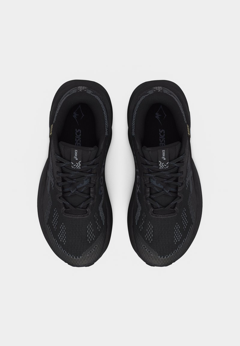 Paire de chaussures de course ASICS noires avec design à lacets et empeigne en mesh texturé, vues de dessus sur un fond blanc.