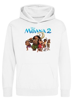 Biała bluza z kapturem z logo Disney Moana 2 nad animowanymi postaciami stojącymi w rzędzie, w tym dziewczynką, dużym mężczyzną z wiosłem i świnią.