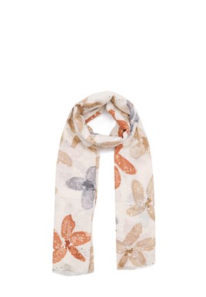 Sciarpa con motivo floreale che presenta foglie arancioni, grigie e beige su uno sfondo bianco, realizzata in tessuto leggero con una consistenza morbida.