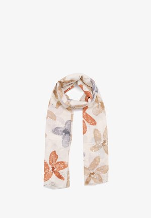 Sciarpa con motivo floreale che presenta foglie arancioni, grigie e beige su uno sfondo bianco, realizzata in tessuto leggero con una consistenza morbida.