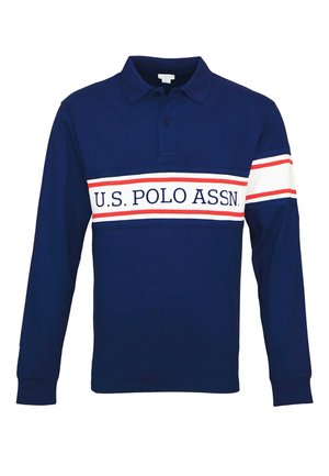 Mørkeblå langærmet poloshirt med hvide og røde horisontale striber over bryst og ærmer, med teksten "U.S. POLO ASSN.".