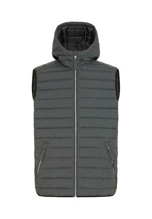 Vesta izolată gri, cu glugă, design cu cusături verticale, fermoar frontal și două buzunare laterale cu fermoar.
