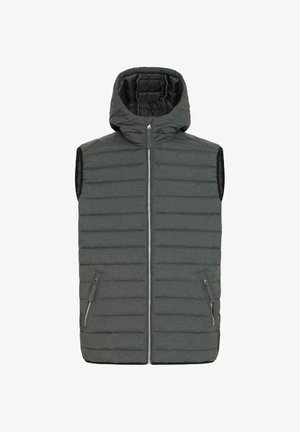 Pilkas izoliuotas liemenė su gobtuvu, vertikalios siuvinėjimo modelis, priekiniu užtrauktuku ir dviem šoninėmis užtrauktukinėmis kišenėmis.