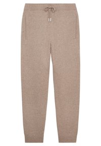Beige Strick-Jogginghosen mit einem gerippten Bund, Kordelzug und schmal zulaufenden Bündchen; verfügen über Seitentaschen und ein strukturiertes Muster.