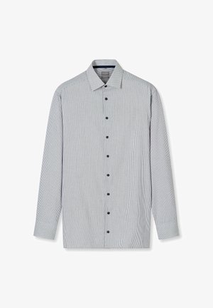 Button-up shirt in a blue and white striped pattern. Features a spread collar, long sleeves, and dark buttons down the front.