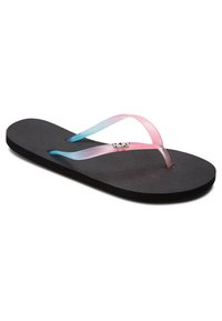 Tongs noires avec des sangles douces aux dégradés rose et bleu. Semelle texturée avec le logo Roxy sur la sangle. Conception simple et légère.