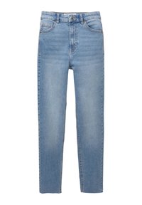 Vaqueros de mezclilla azul claro con un diseño de pierna recta, cinco bolsillos y un cierre de botón estándar en la cintura. Textura suave y sin adornos.