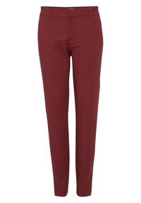 Burgundy byxor med smal passform, tillverkade av ett mjukt tyg. Har en slät front, bältesöglor och inga synliga mönster eller detaljer.