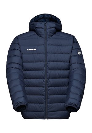Marineblauwe pufferjack met capuchon, voorzien van ook ingelegde delen, elastische manchetten en een rits aan de voorkant, gemarkeerd met het "Mammut" logo.