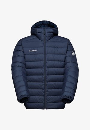 Casaco puffer azul-marinho com capuz, apresentando seções acolchoadas, punhos elásticos e um fecho frontal, com o logótipo "Mammut".