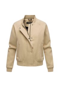 Veste en polaire beige avec des poignets et un ourlet côtelés, dotée d'une fermeture éclair à l'avant, de boutons-pression et de panneaux latéraux texturés.