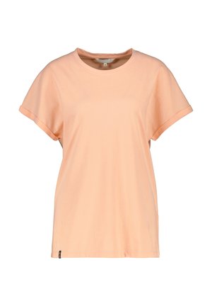 Schlichtes T-Shirt in pfirsichfarben mit kurzen Ärmeln, umgeschlagenen Bündchen und rundem Ausschnitt, präsentiert vor weißem Hintergrund.