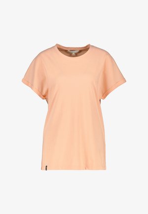 Schlichtes T-Shirt in pfirsichfarben mit kurzen Ärmeln, umgeschlagenen Bündchen und rundem Ausschnitt, präsentiert vor weißem Hintergrund.