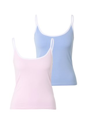 Deux débardeurs pour femmes avec bordure blanche, un rose clair à l'avant et un bleu clair à l'arrière, sur fond blanc.